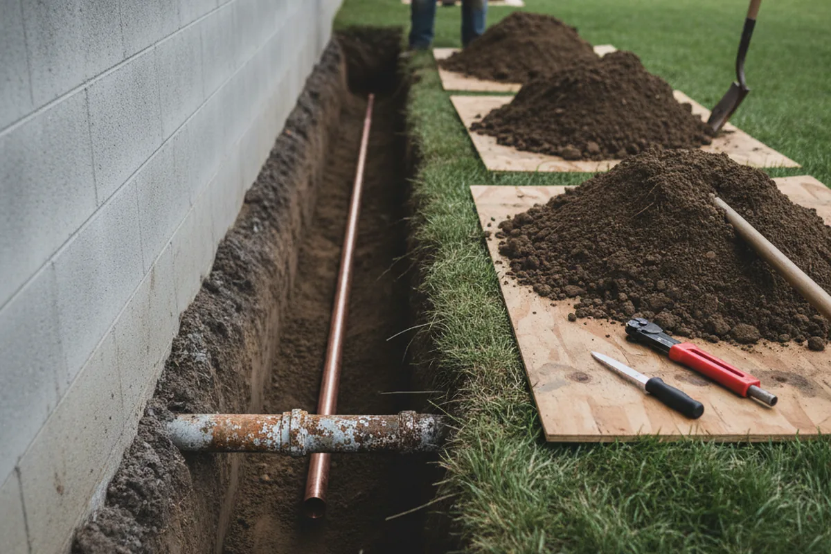 Excavated water line trench during Sewer Line Repair in Naval Anacost Annex